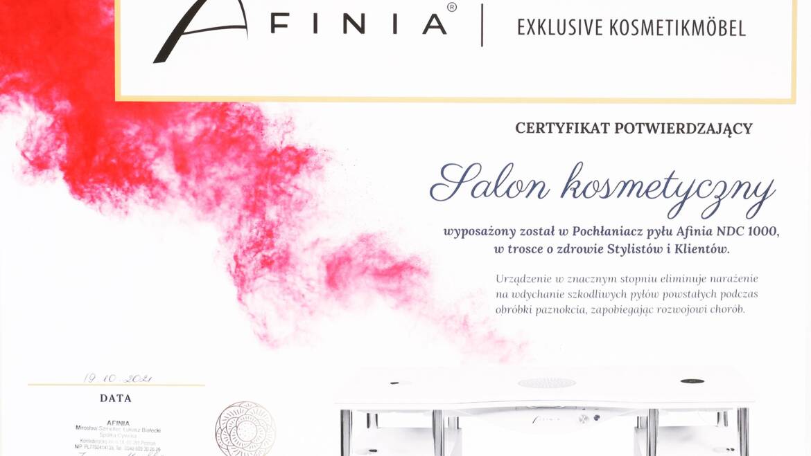 Certyfikat – pochłaniacz pyłu Afinia NDC 1000